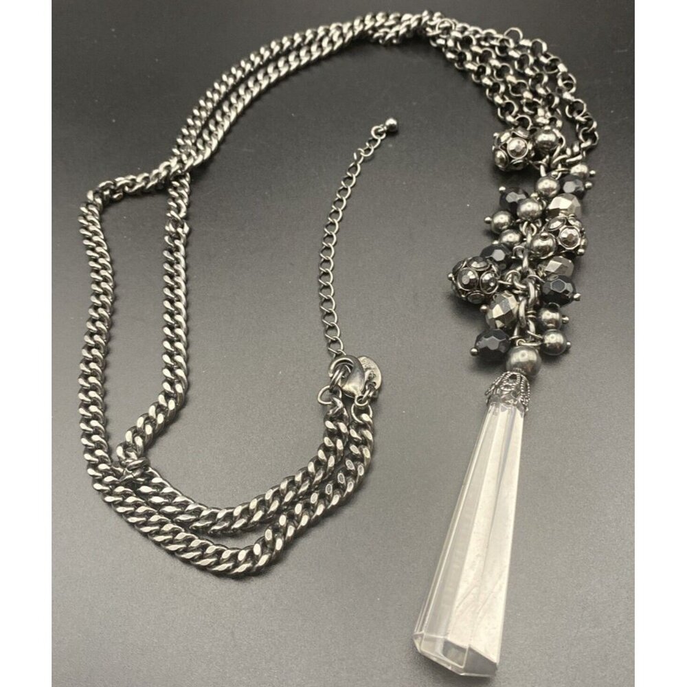 Lia Sophia MARABOU 5" Mirrored Pendant & AB Crystal 28+3" Gunmetal Necklace Rolo - Picture 3 of 10